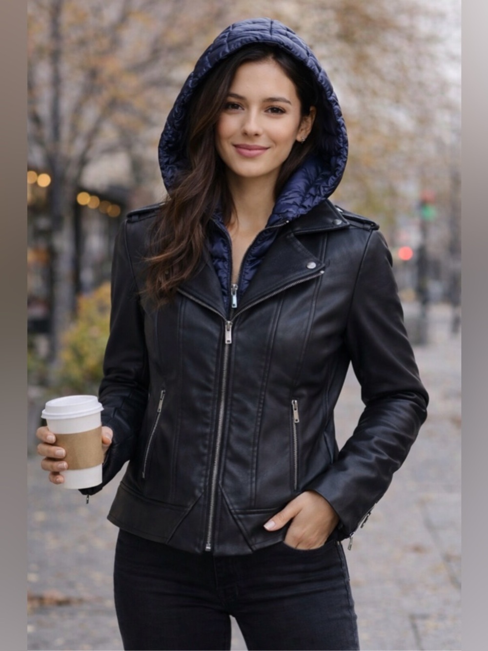 *BERNARDO Genuine Leather Moto Jacket w/ Detachable Hood – Size‎ S - Picture 4 of 15